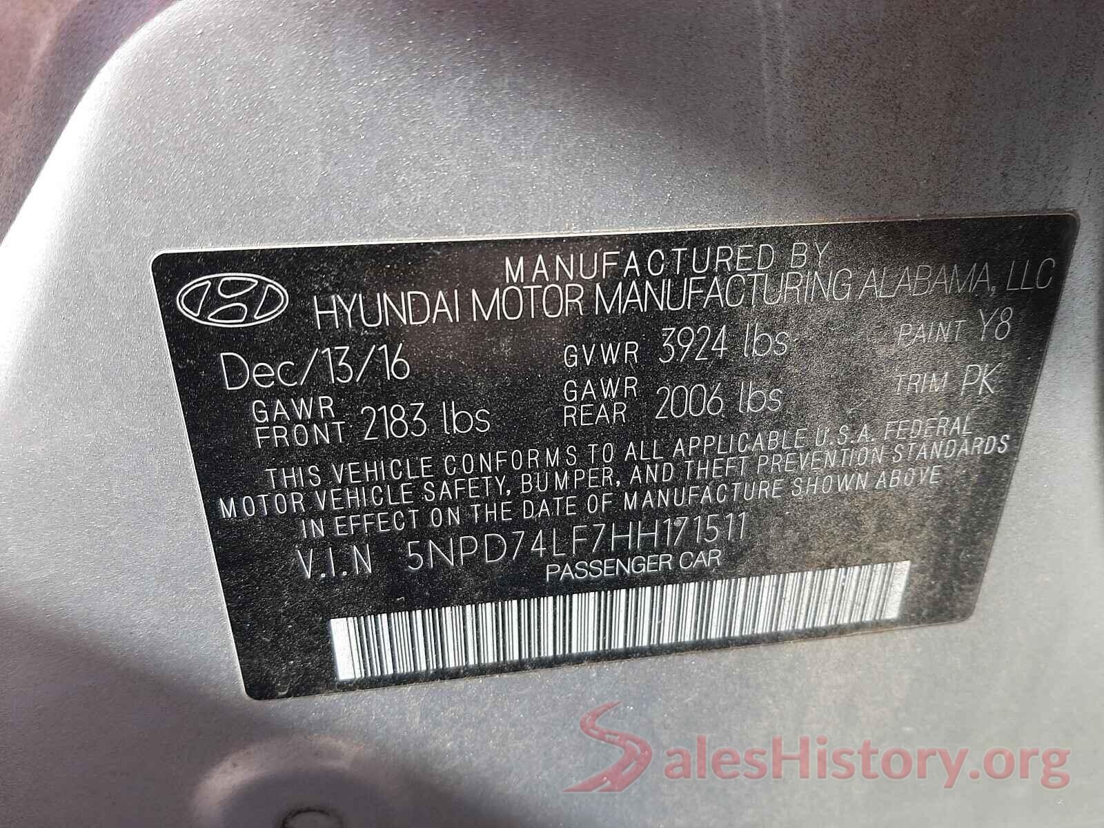 5NPD74LF7HH171511 2017 HYUNDAI ELANTRA