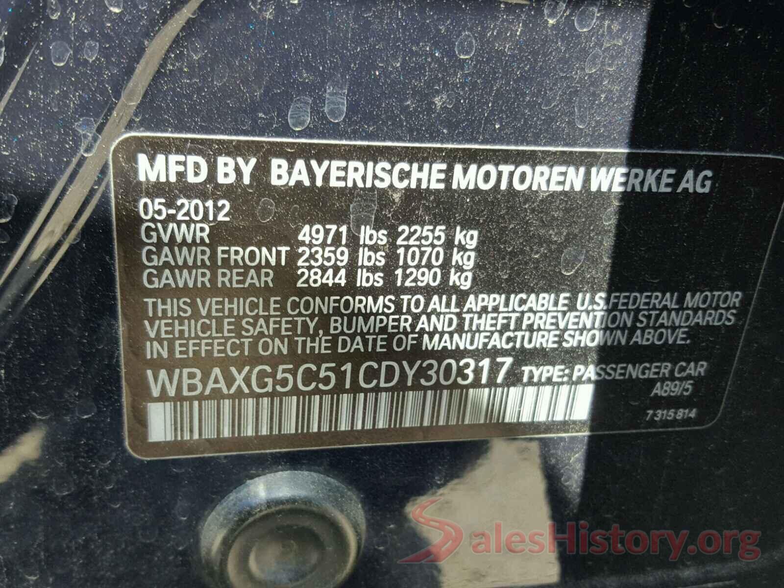 19XFC2F85GE060254 2012 BMW 5 SERIES