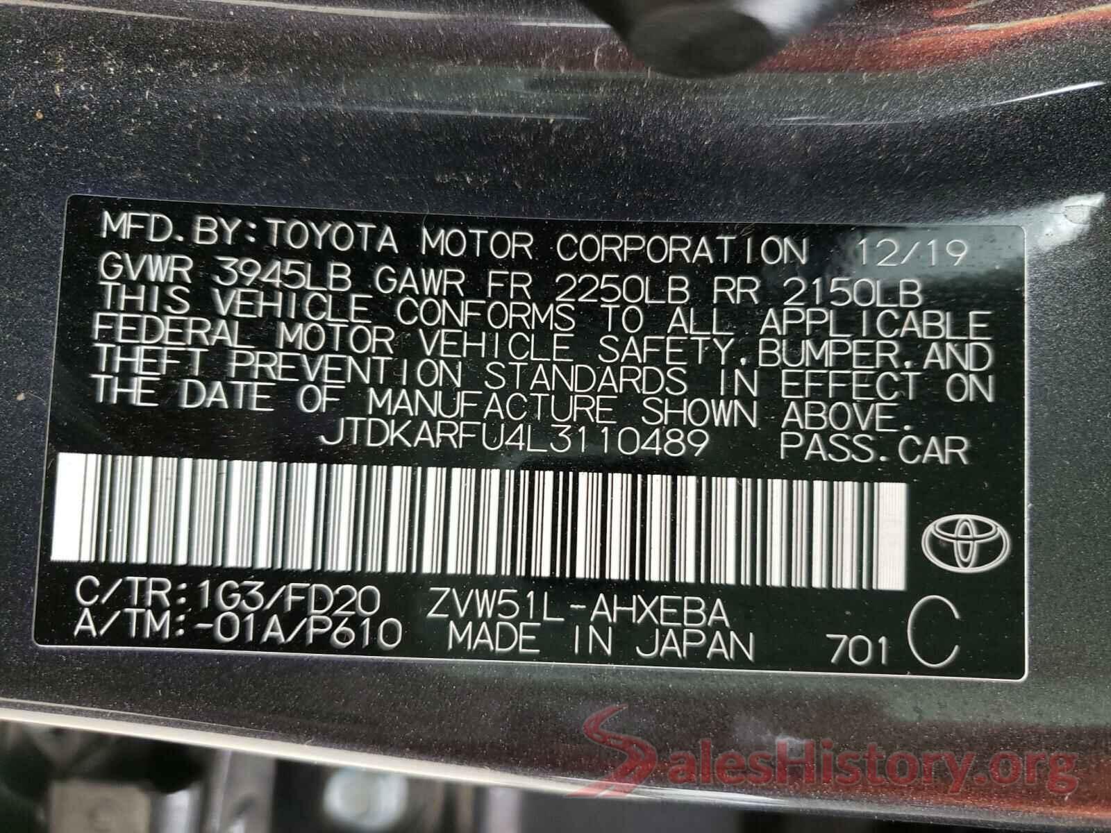 JTDKARFU4L3110489 2020 TOYOTA PRIUS