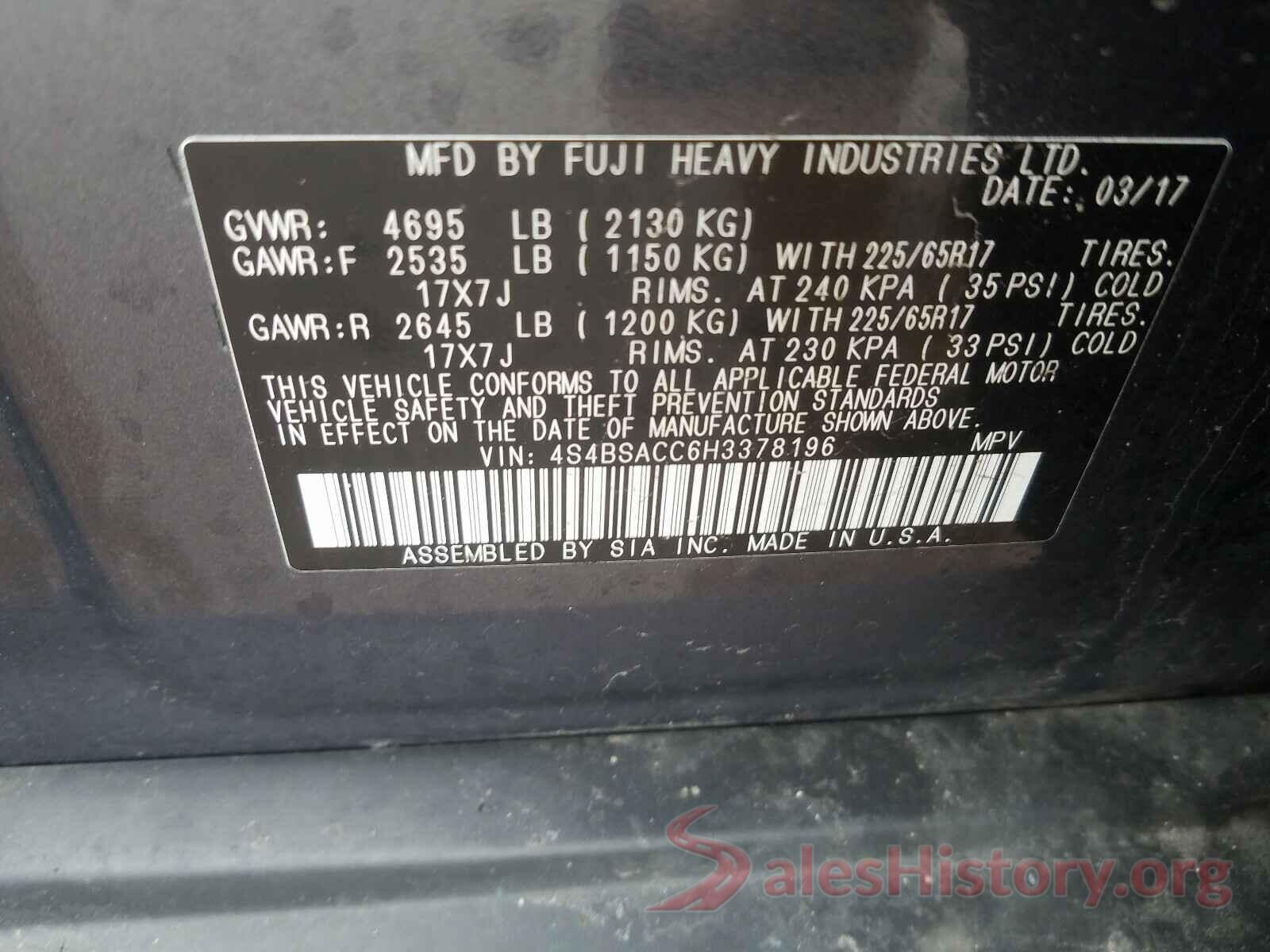 4S4BSACC6H3378196 2017 SUBARU OUTBACK