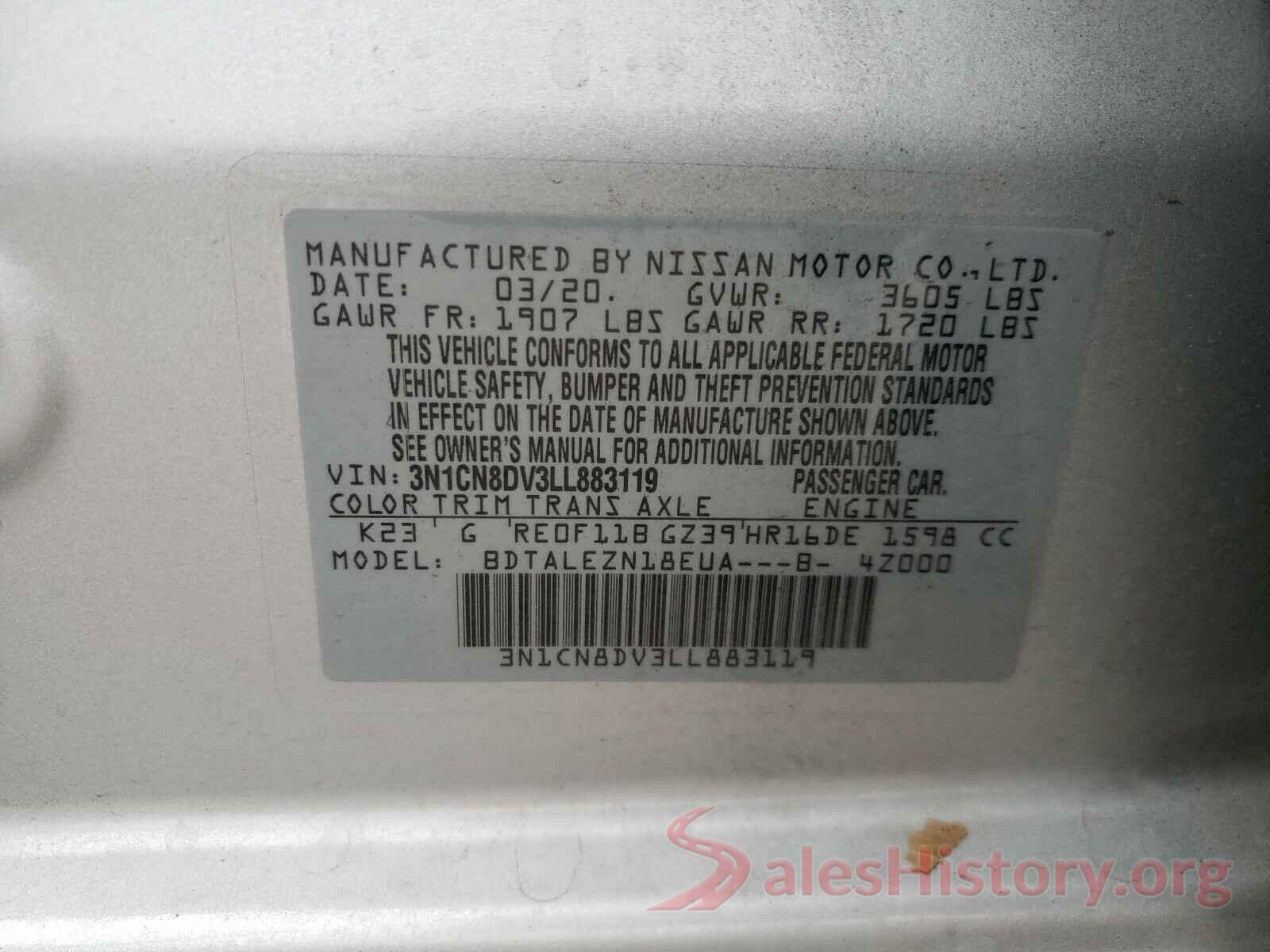 3N1CN8DV3LL883119 2020 NISSAN VERSA