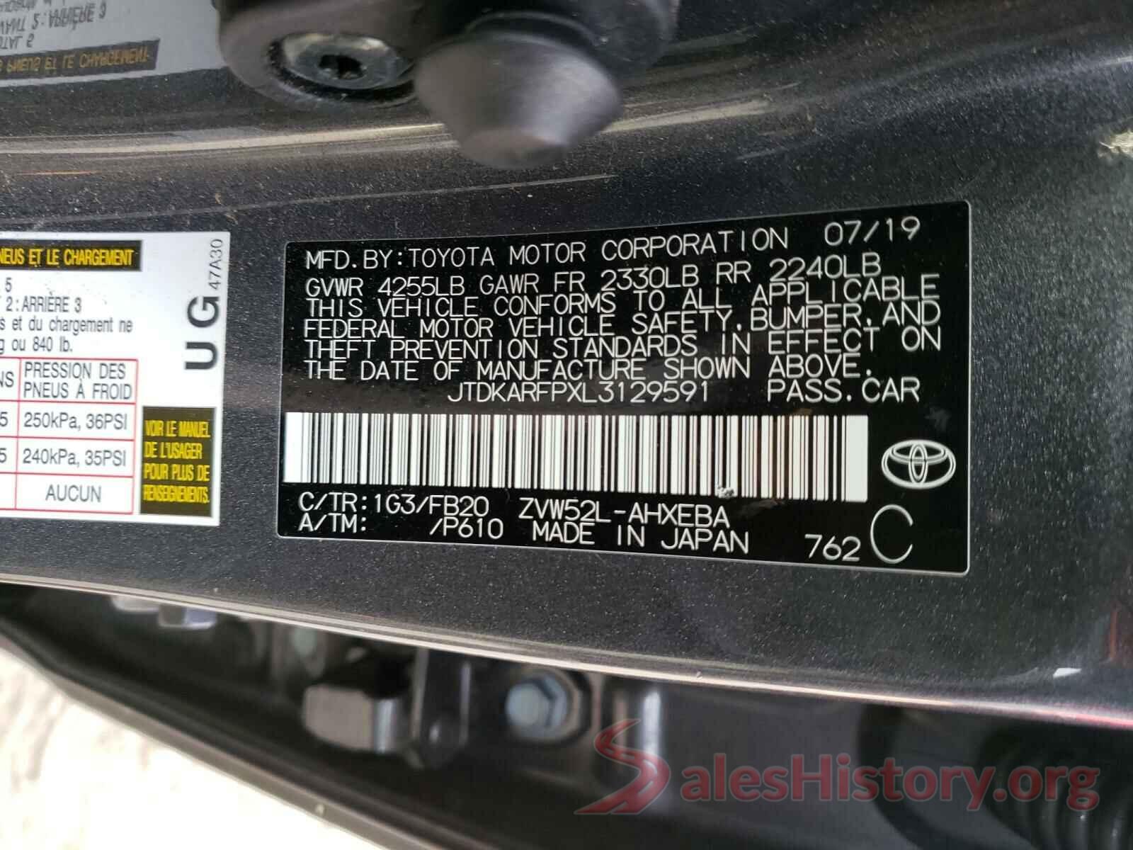 JTDKARFPXL3129591 2020 TOYOTA PRIUS