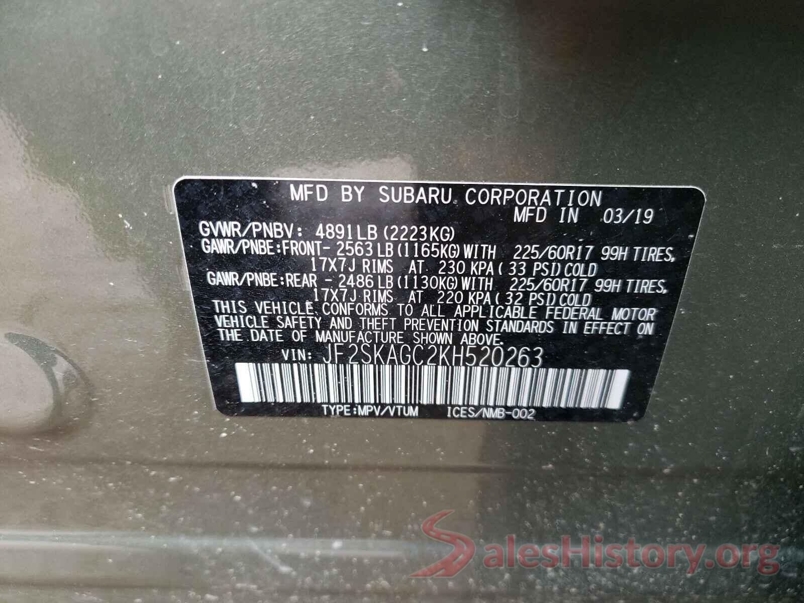 JF2SKAGC2KH520263 2019 SUBARU FORESTER