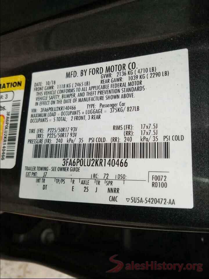 3FA6P0LU2KR140466 2019 FORD FUSION