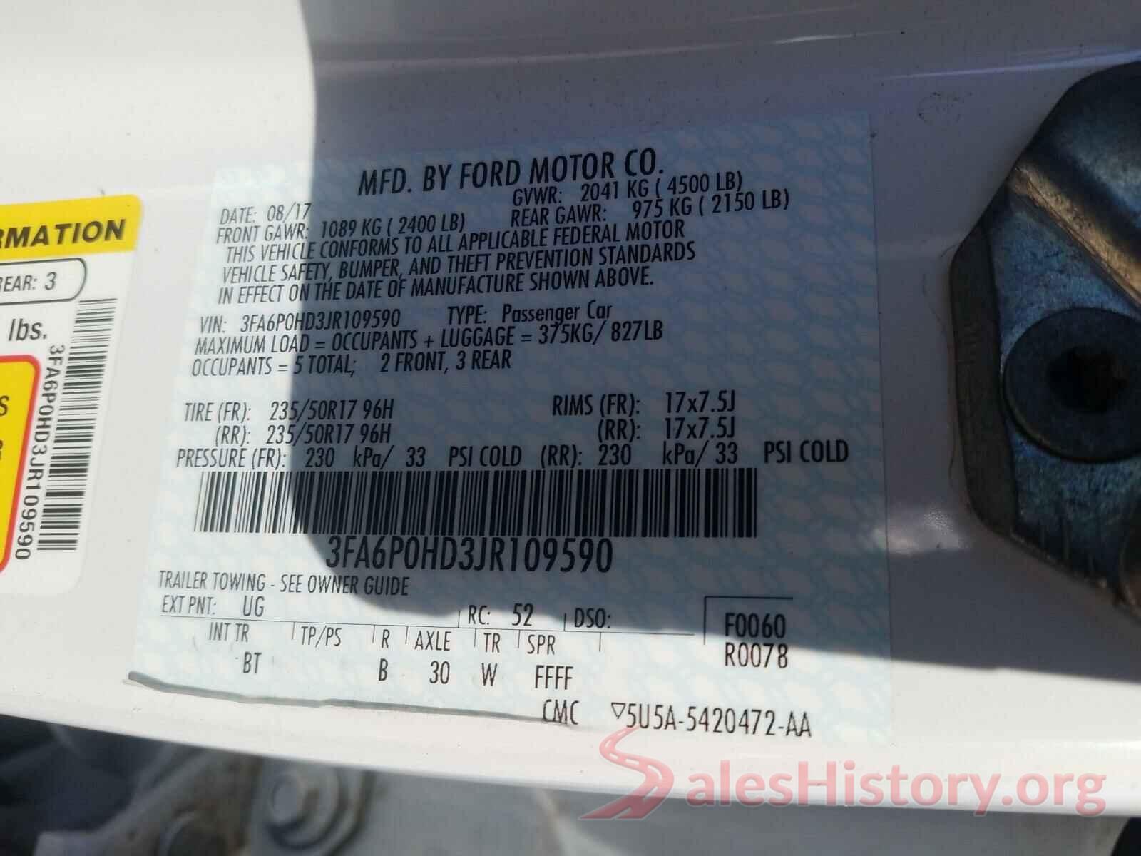 3FA6P0HD3JR109590 2018 FORD FUSION