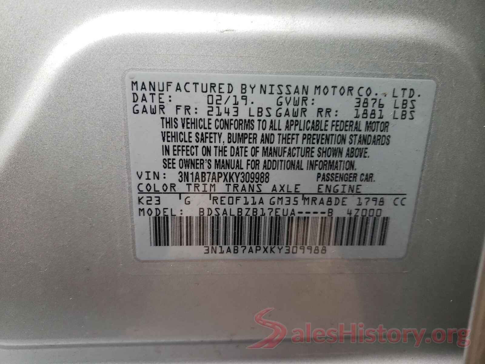 3N1AB7APXKY309988 2019 NISSAN SENTRA