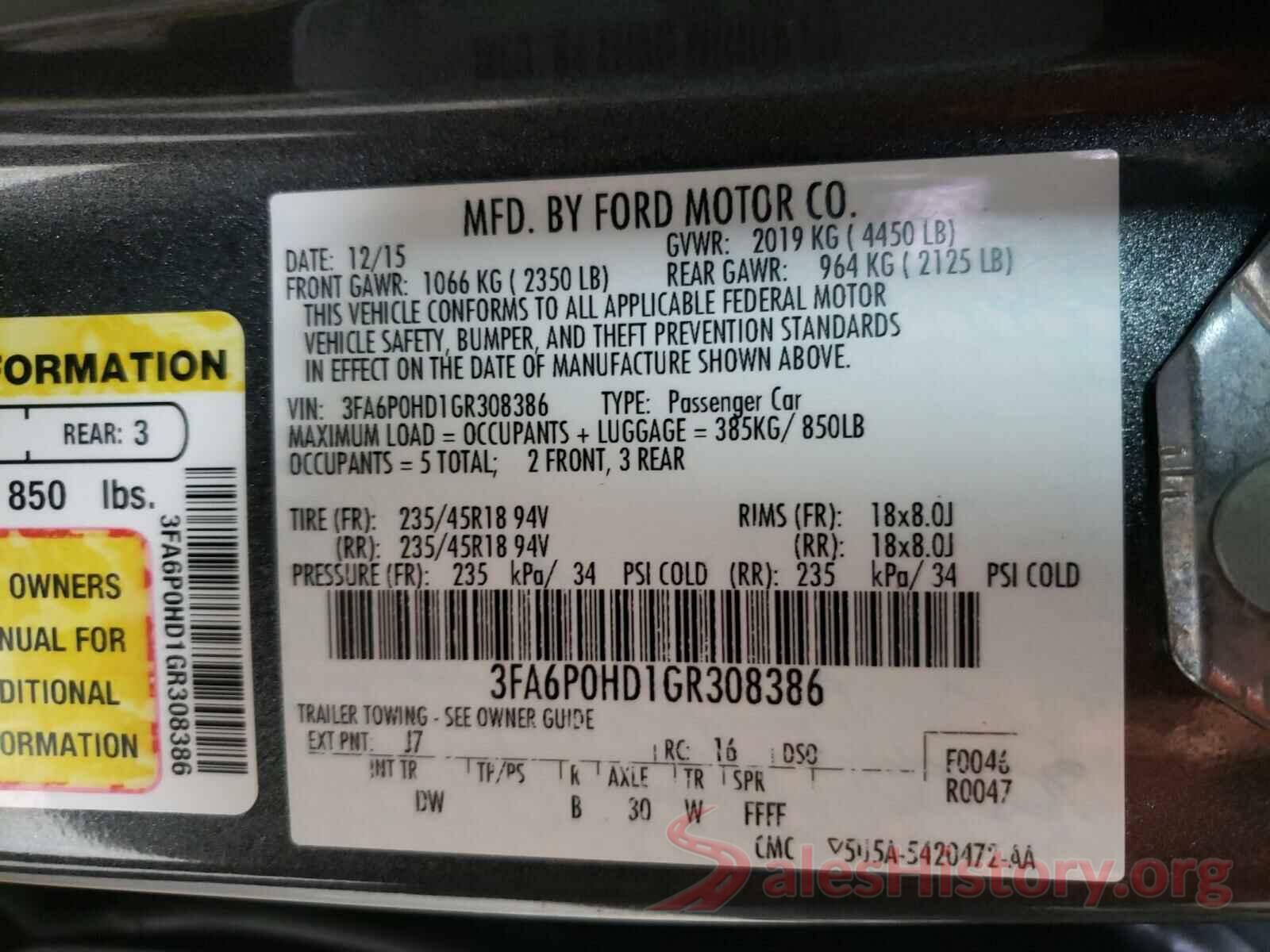 3FA6P0HD1GR308386 2016 FORD FUSION