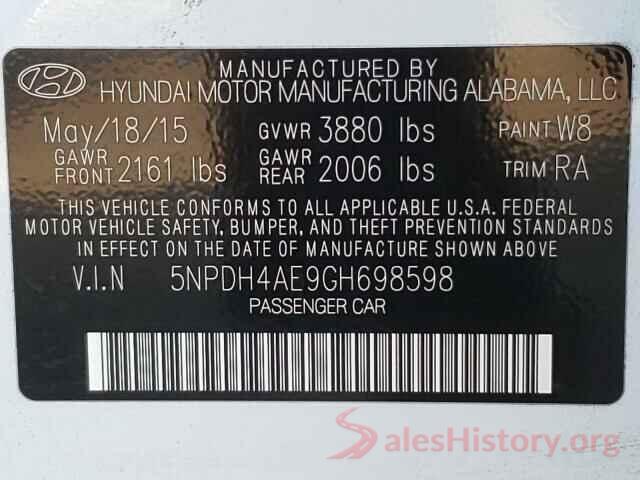 5NPDH4AE9GH698598 2016 HYUNDAI ELANTRA