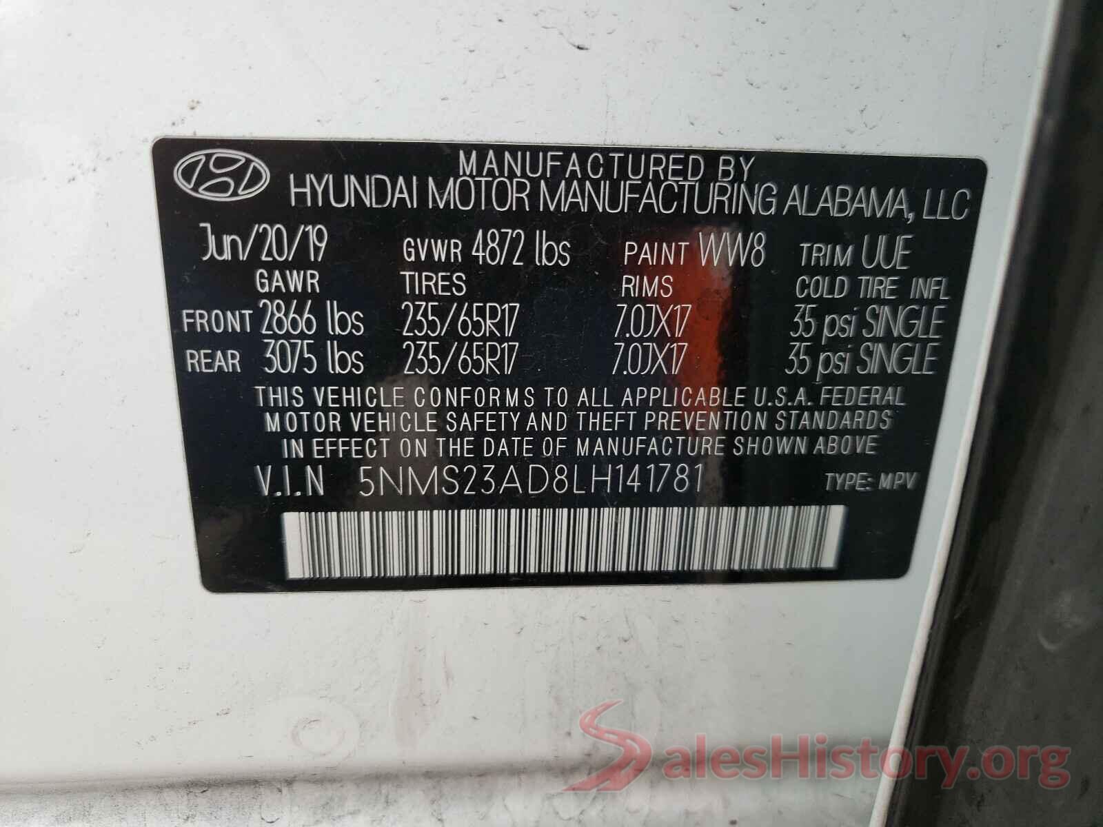 5NMS23AD8LH141781 2020 HYUNDAI SANTA FE