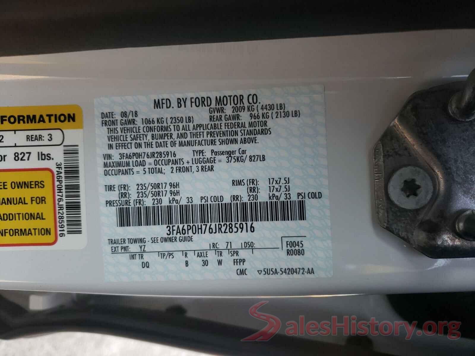 3FA6P0H76JR285916 2018 FORD FUSION