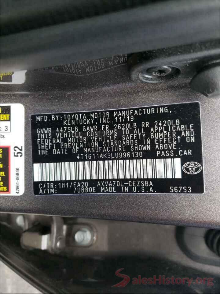 4T1G11AK5LU896130 2020 TOYOTA CAMRY