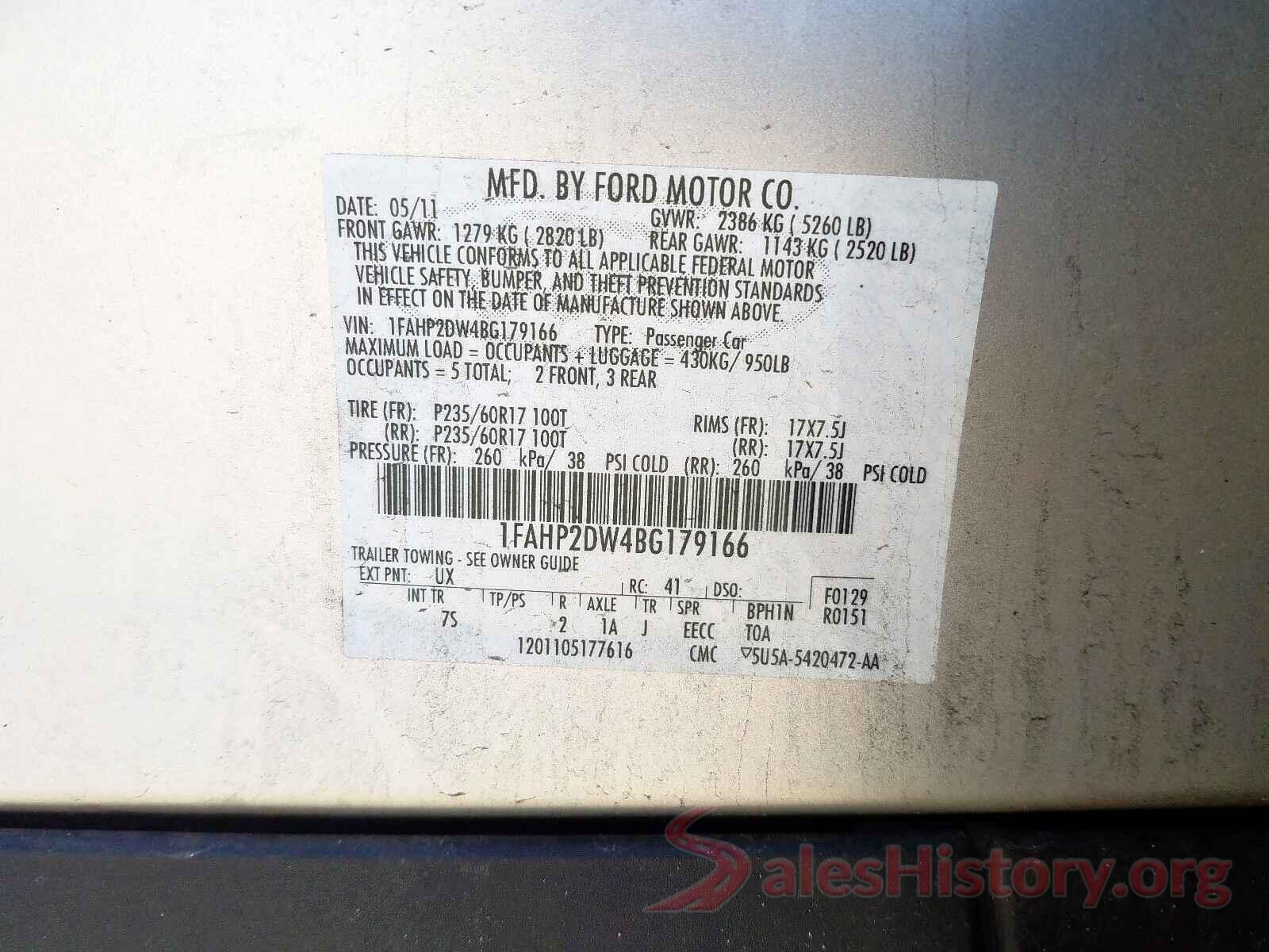 ZACCJBAHXHPF86674 2011 FORD TAURUS