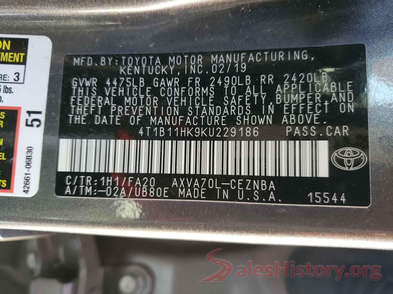 4T1B11HK9KU229186 2019 TOYOTA CAMRY