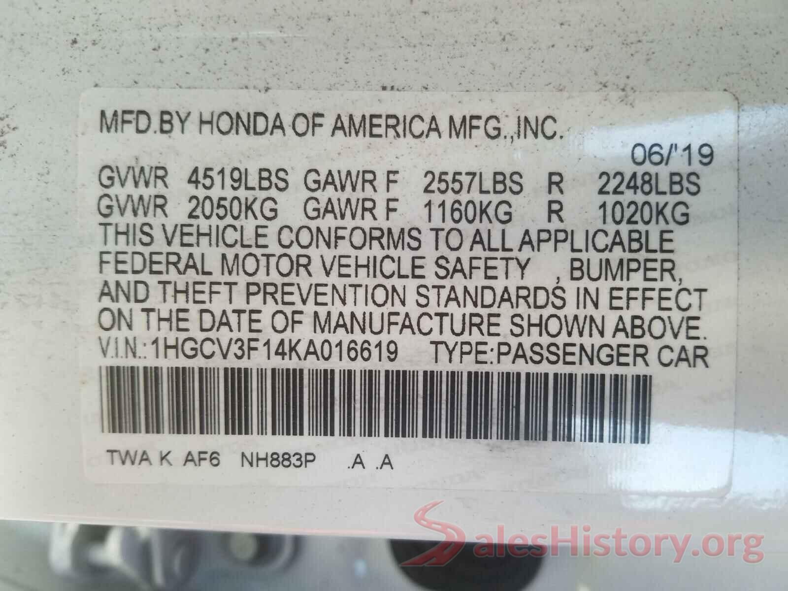 1HGCV3F14KA016619 2019 HONDA ACCORD