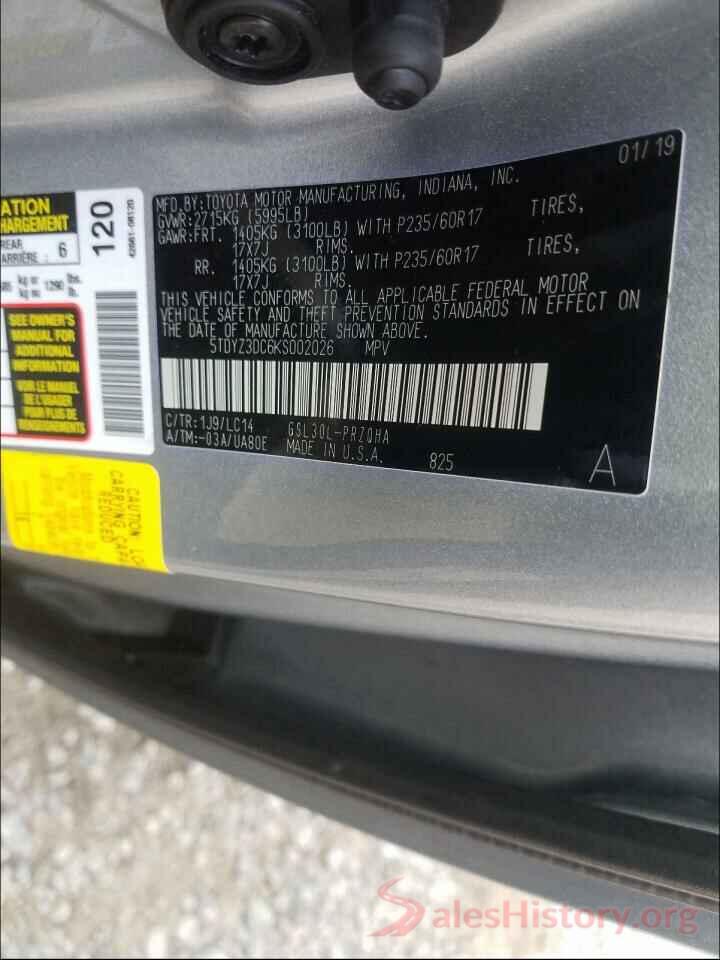 5TDYZ3DC6KS002026 2019 TOYOTA SIENNA