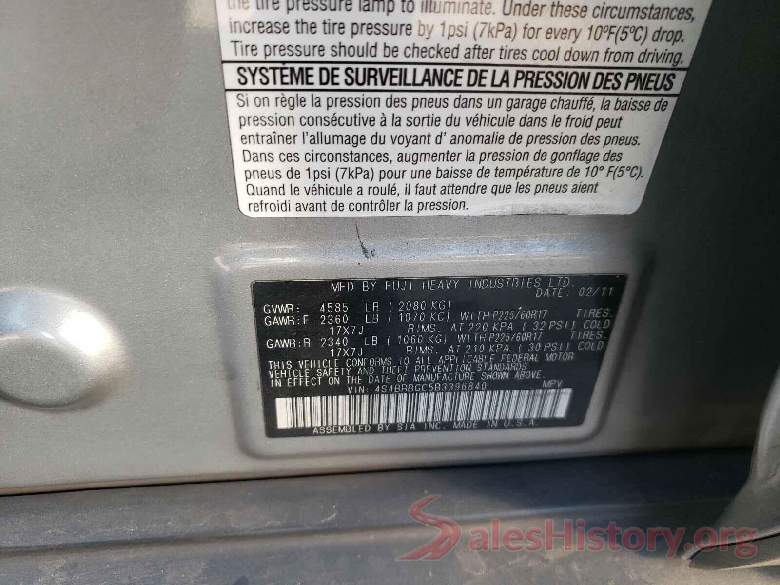 3MYDLBYV8JY309681 2011 SUBARU OUTBACK