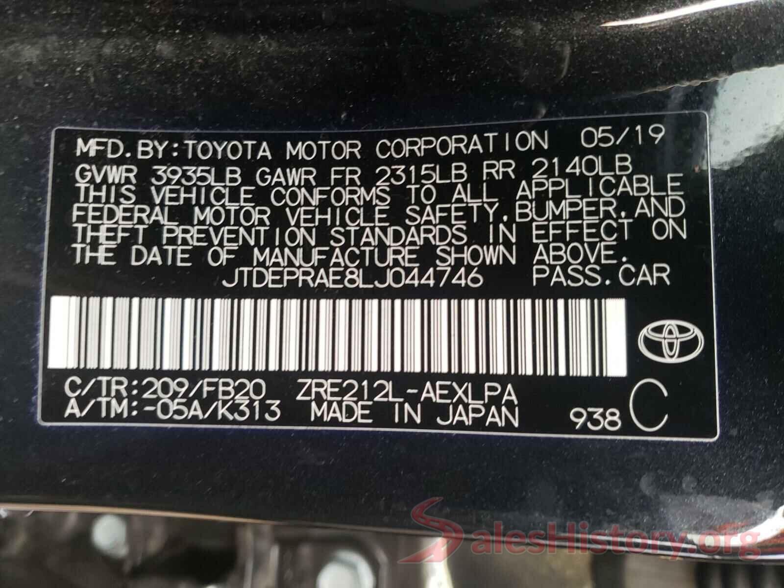 JTDEPRAE8LJ044746 2020 TOYOTA COROLLA