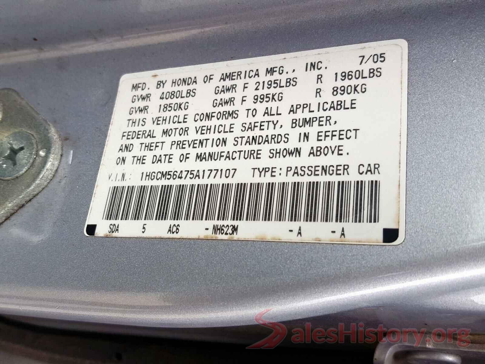 4S3BNAD67G3019121 2005 HONDA ACCORD