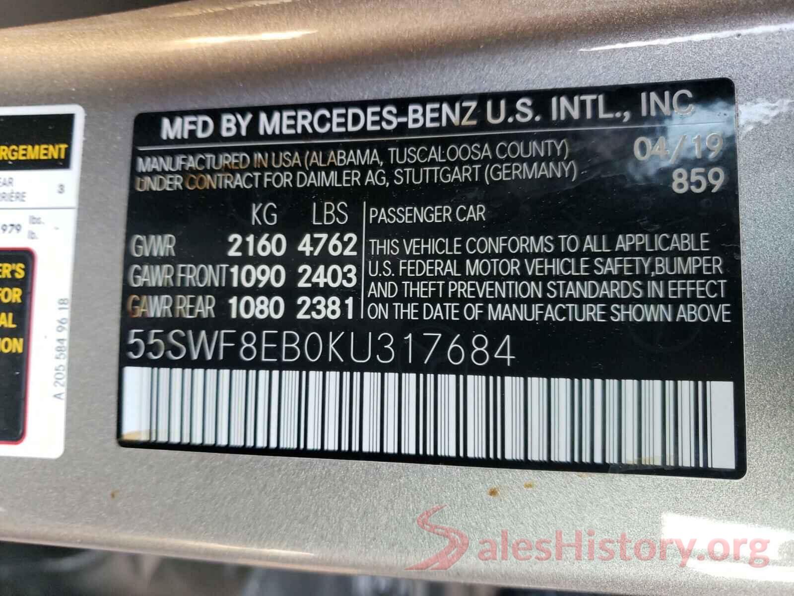 55SWF8EB0KU317684 2019 MERCEDES-BENZ C CLASS