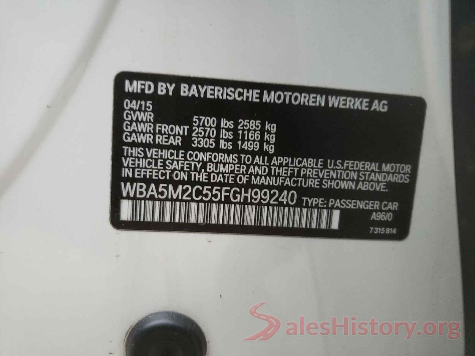 WBA5M2C55FGH99240 2015 BMW 5 SERIES