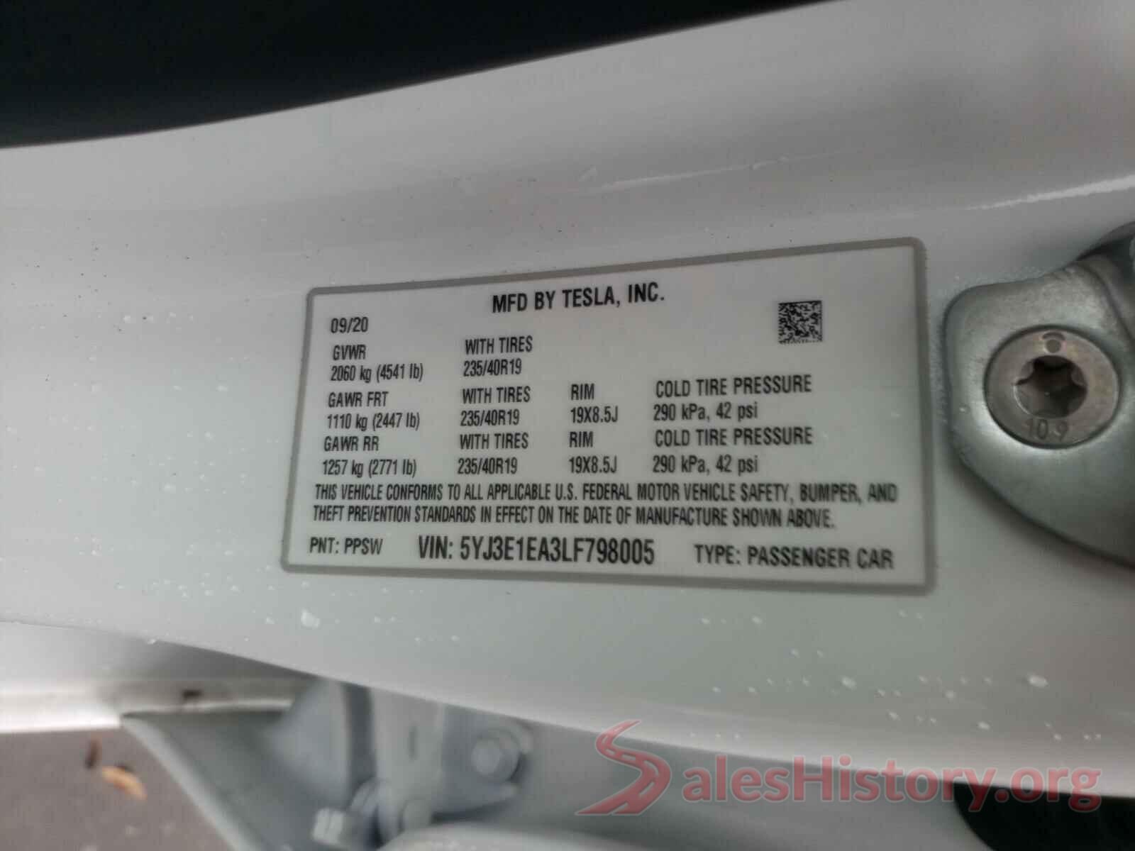 5YJ3E1EA3LF798005 2020 TESLA MODEL 3