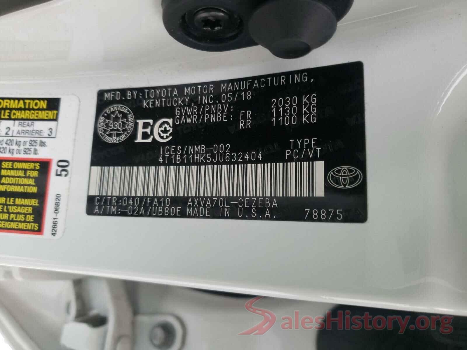 4T1B11HK5JU632404 2018 TOYOTA CAMRY