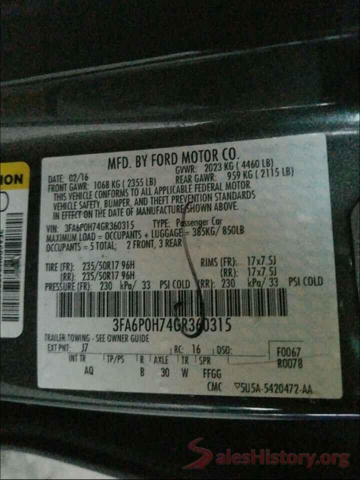 3FA6P0H74GR360315 2016 FORD FUSION