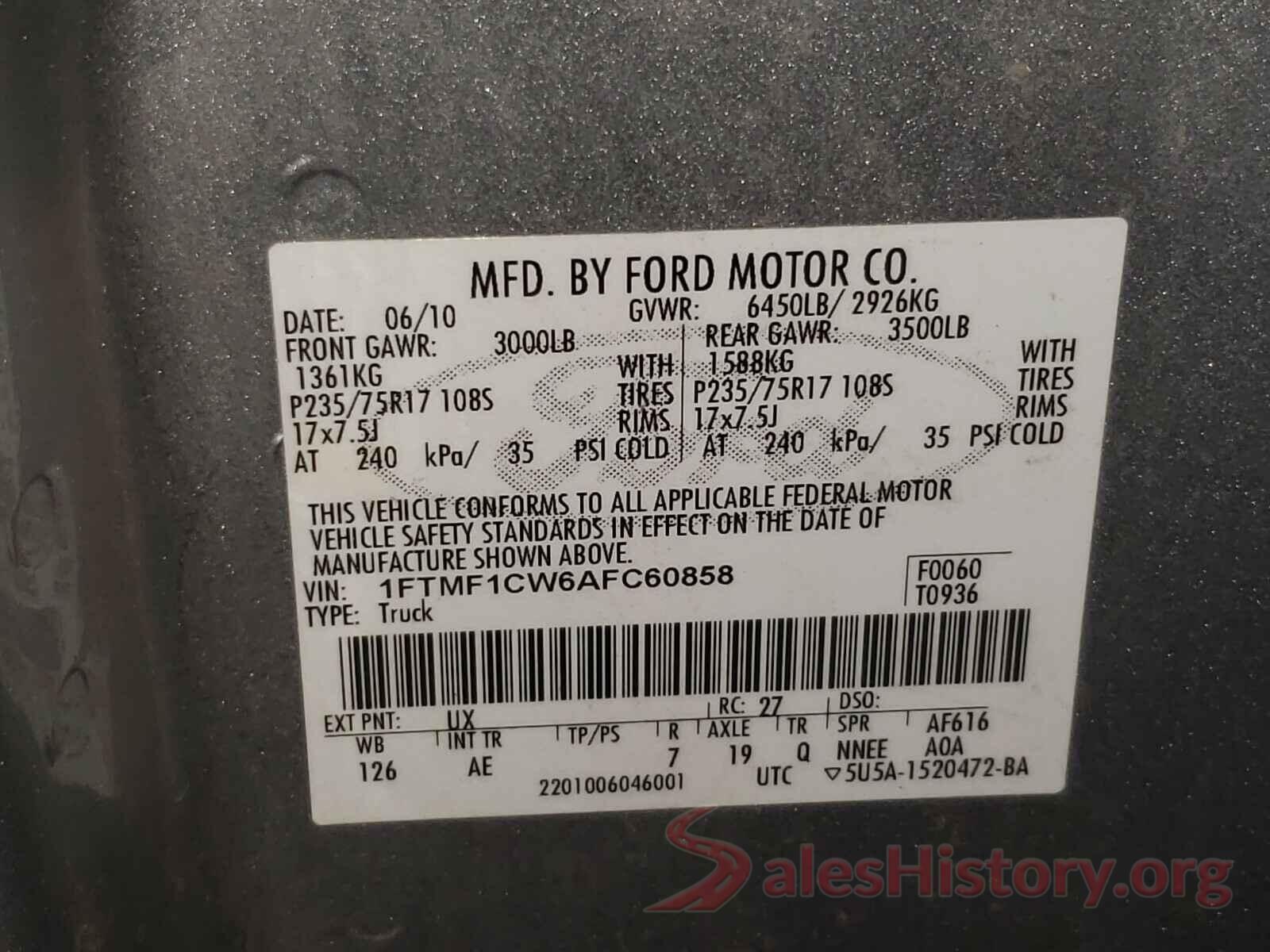 1HGCV1F34LA030348 2010 FORD F150