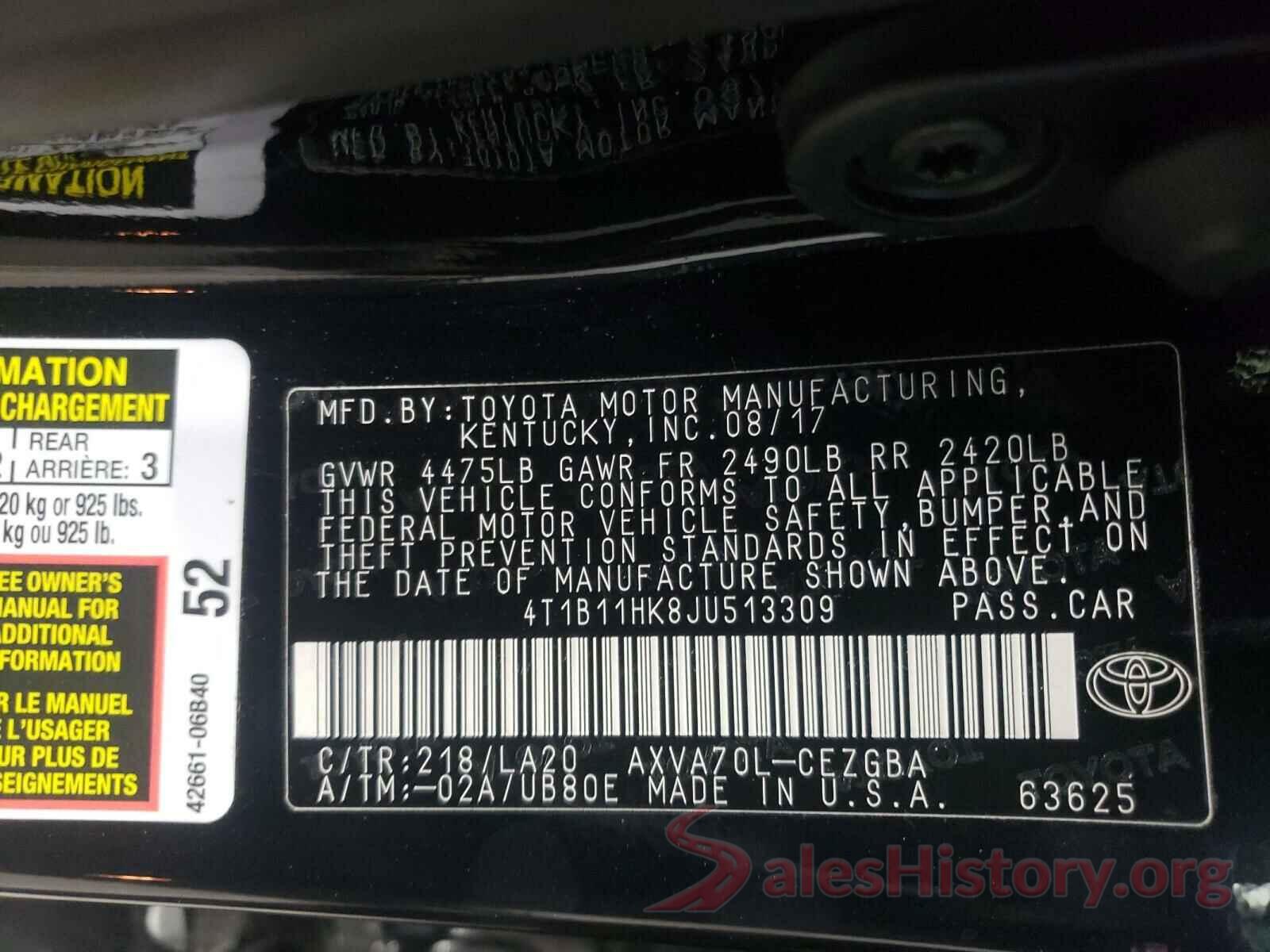 4T1B11HK8JU513309 2018 TOYOTA CAMRY