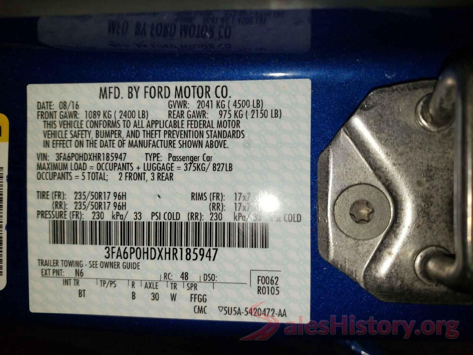 3FA6P0HDXHR185947 2017 FORD FUSION