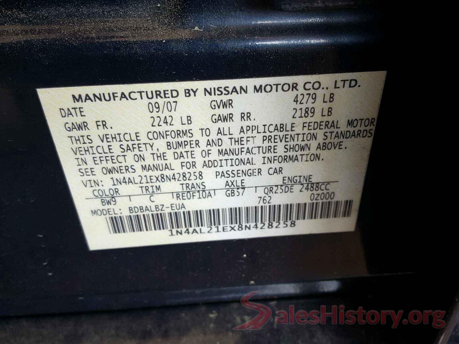 2T1BURHE3GC633187 2008 NISSAN ALTIMA