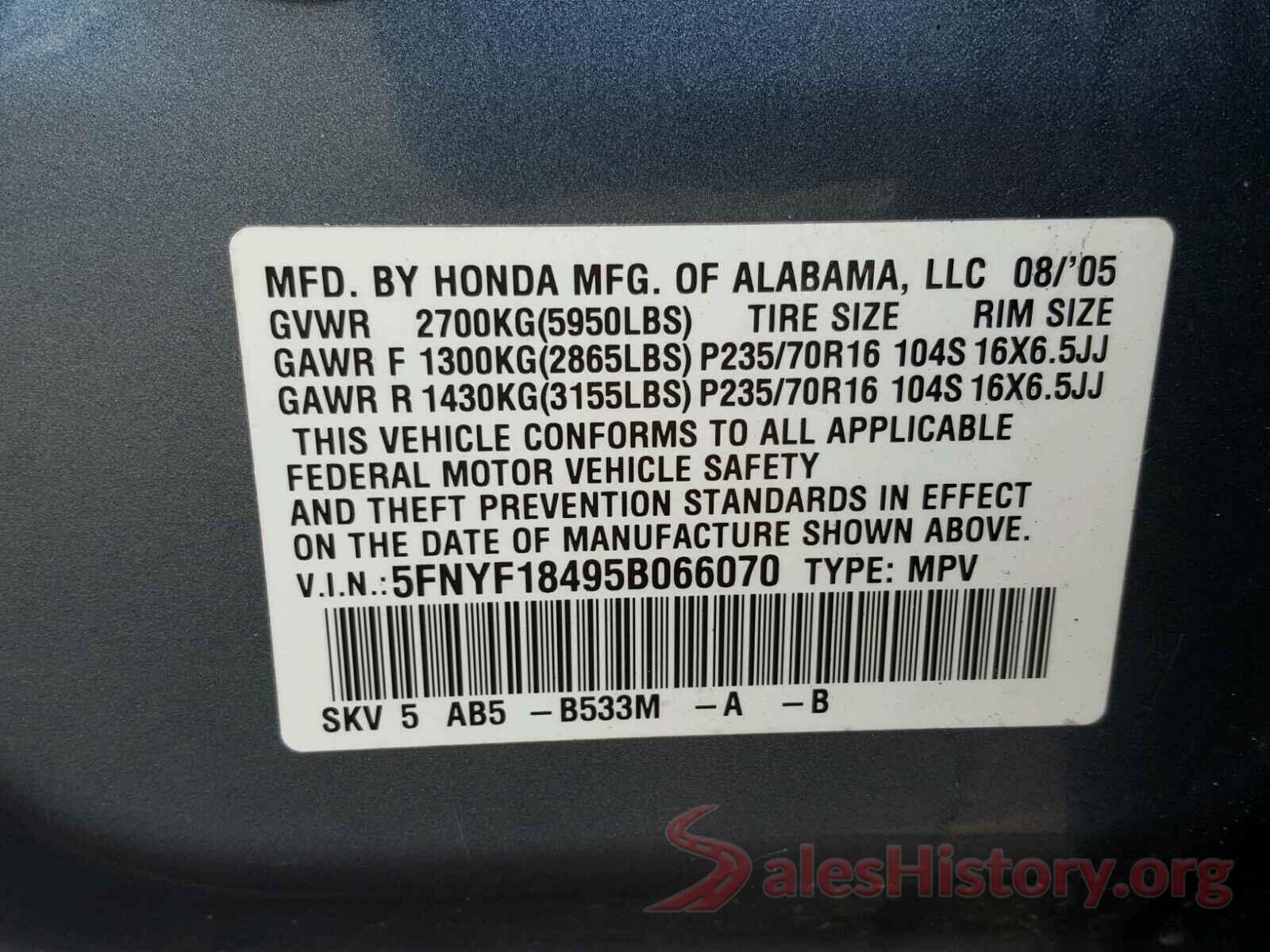 5TDJZRFH1JS867921 2005 HONDA PILOT