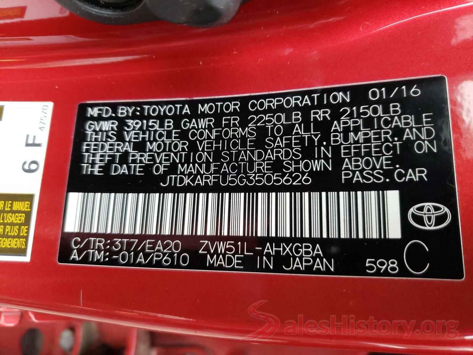 JTDKARFU5G3505626 2016 TOYOTA PRIUS