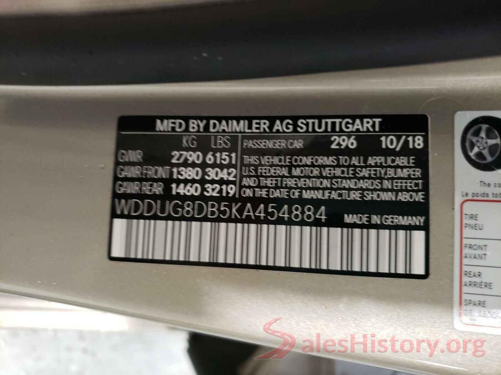 WDDUG8DB5KA454884 2019 MERCEDES-BENZ S CLASS