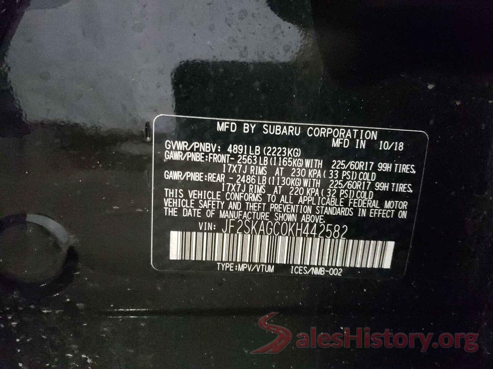 JF2SKAGC0KH442582 2019 SUBARU FORESTER