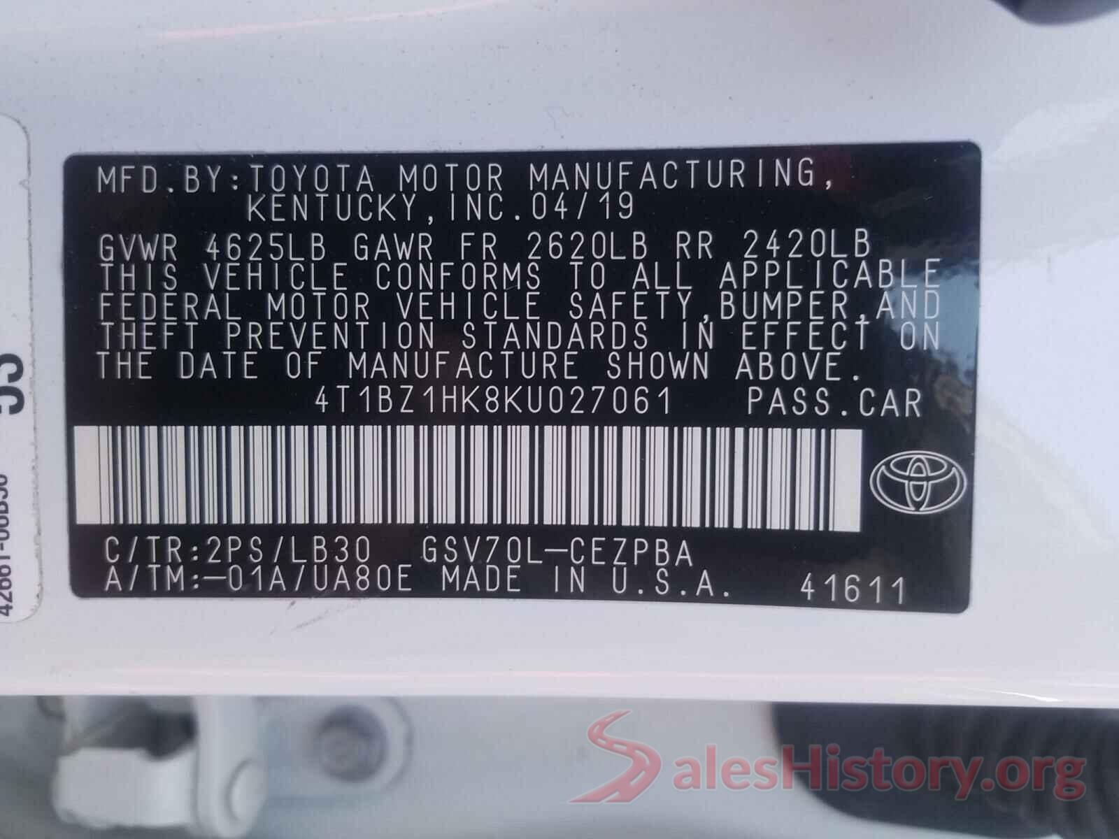 4T1BZ1HK8KU027061 2019 TOYOTA CAMRY