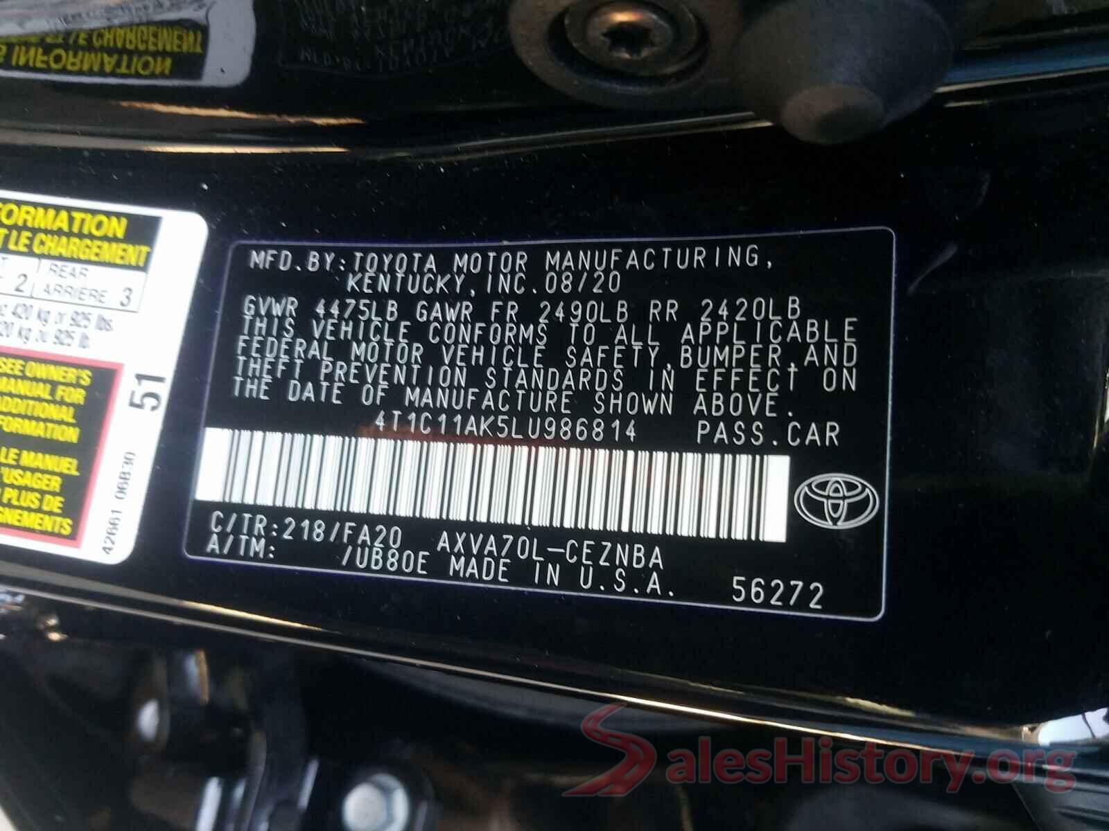 4T1C11AK5LU986814 2020 TOYOTA CAMRY