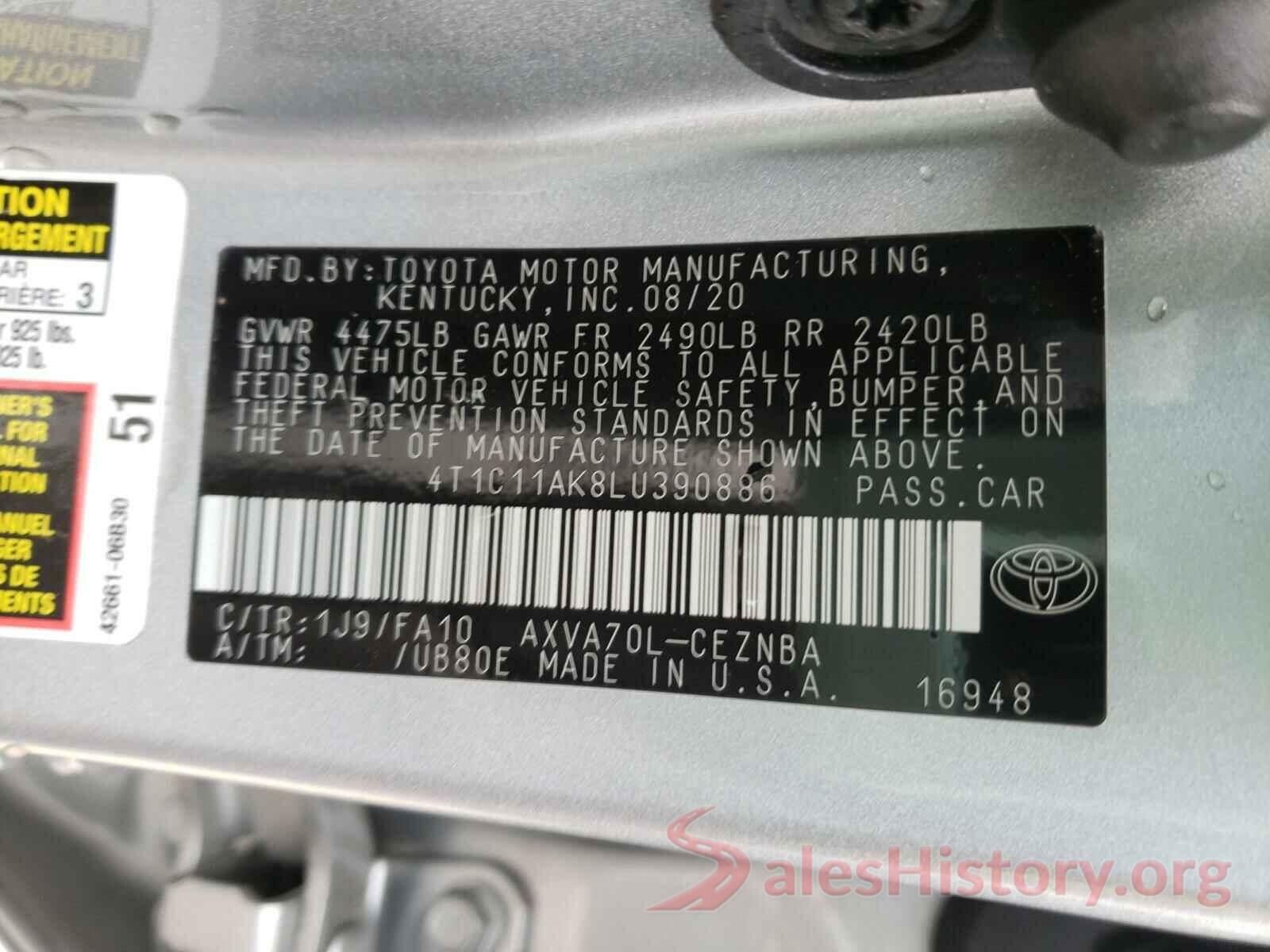 4T1C11AK8LU390886 2020 TOYOTA CAMRY