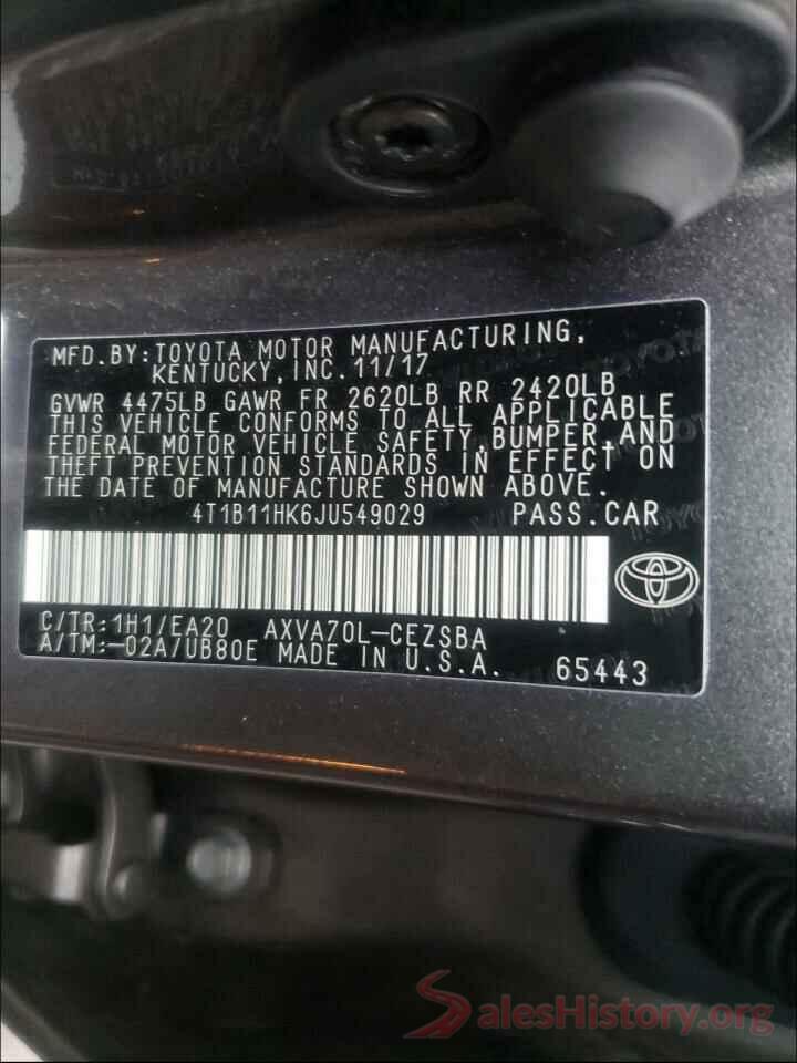 4T1B11HK6JU549029 2018 TOYOTA CAMRY