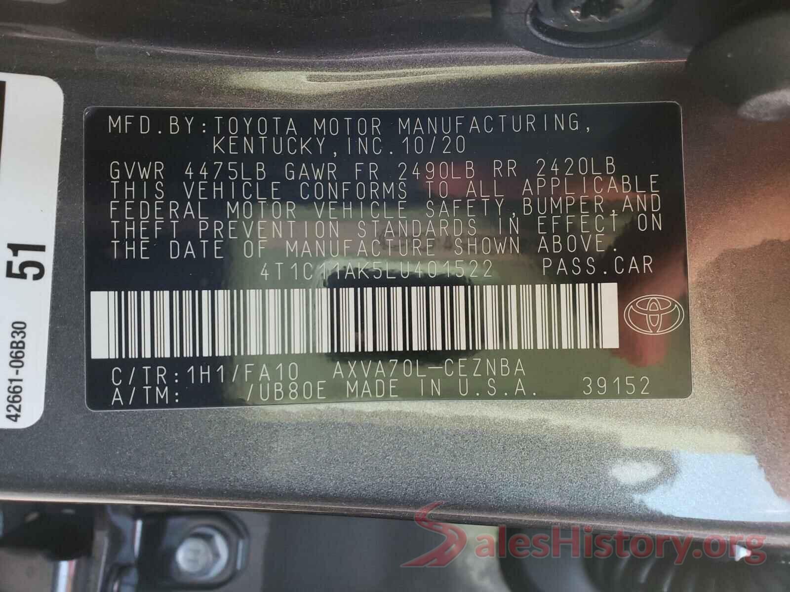 4T1C11AK5LU401522 2020 TOYOTA CAMRY