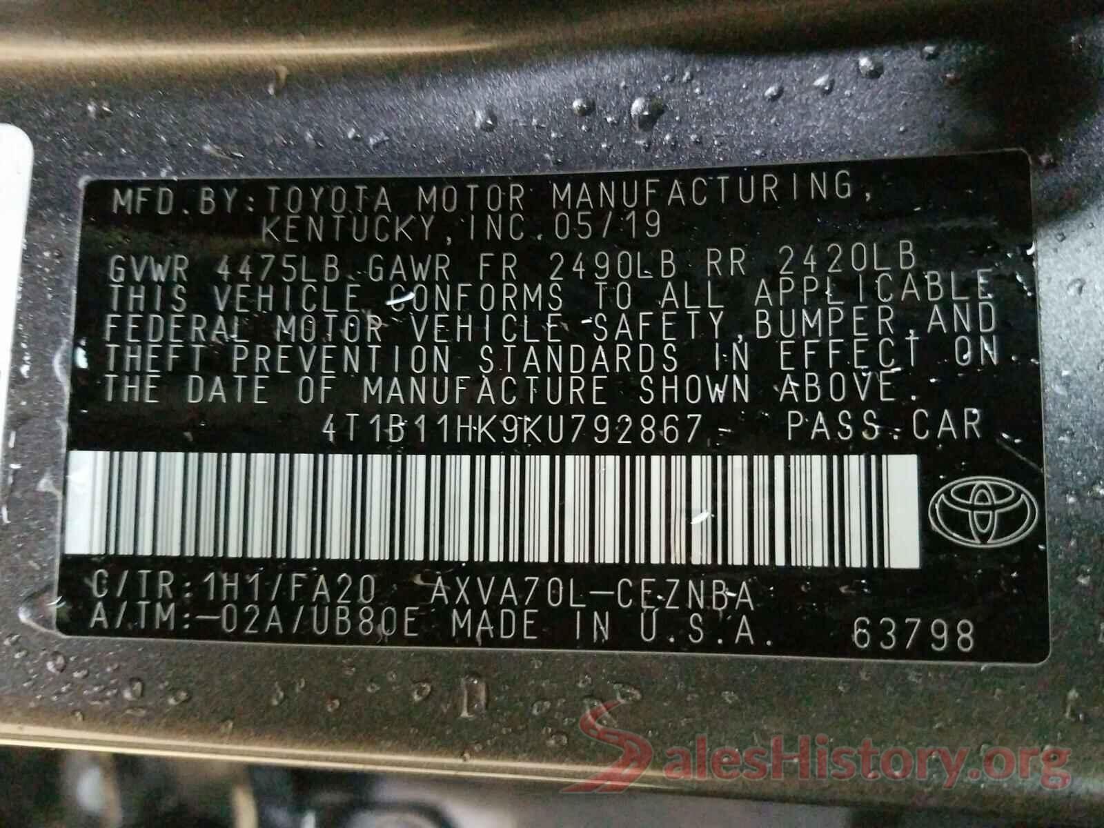 4T1B11HK9KU792867 2019 TOYOTA CAMRY