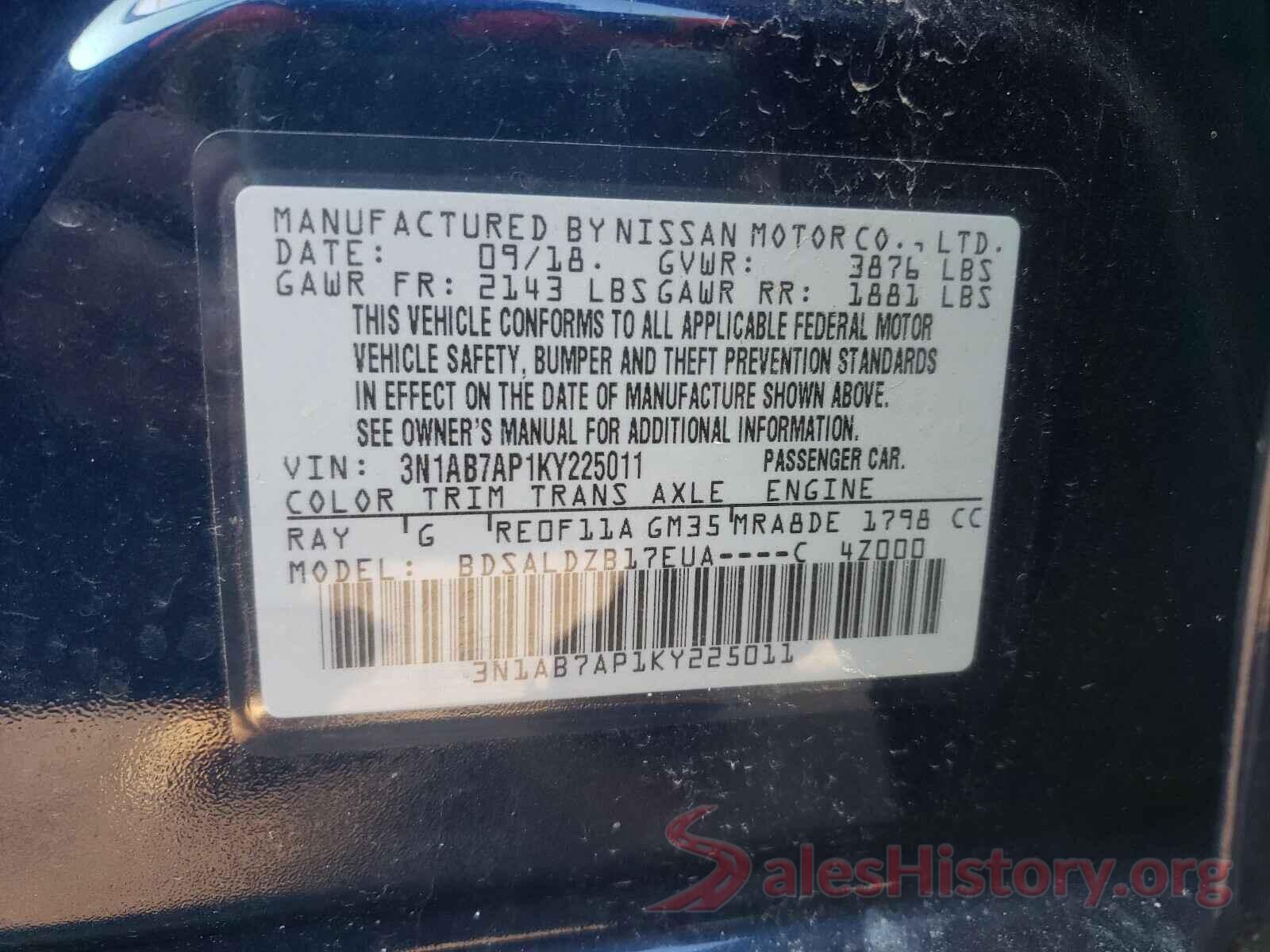 3N1AB7AP1KY225011 2019 NISSAN SENTRA