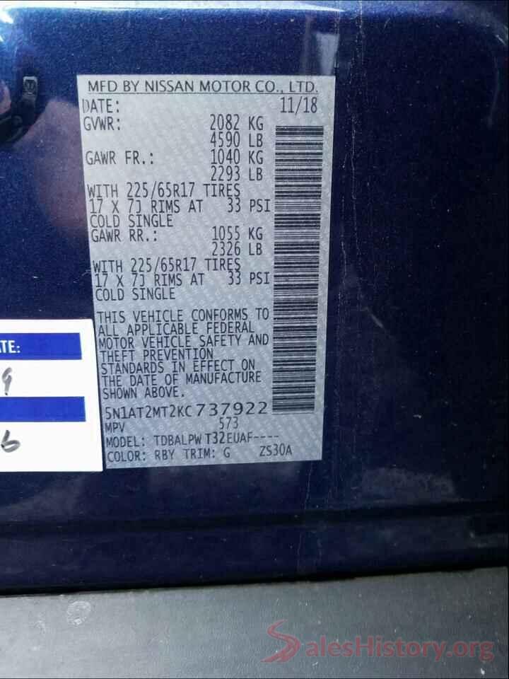 5N1AT2MT2KC737922 2019 NISSAN ROGUE