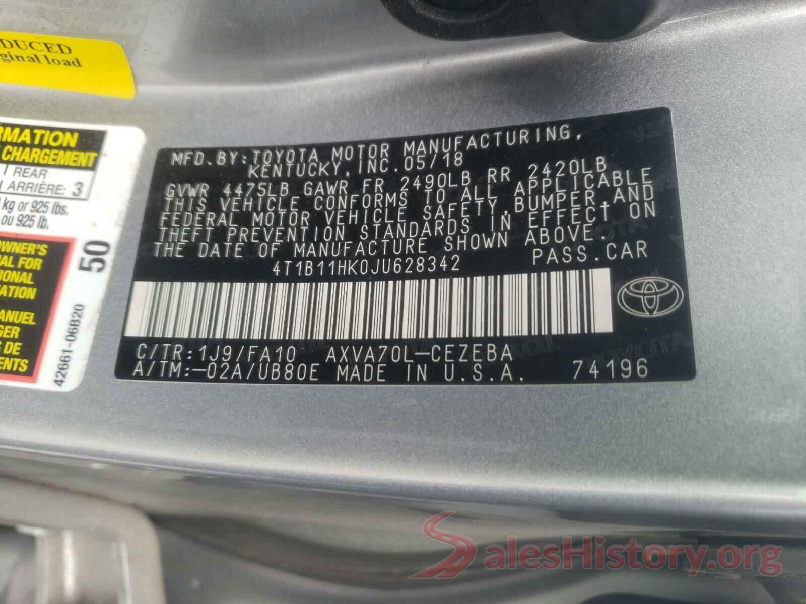 4T1B11HK0JU628342 2018 TOYOTA CAMRY