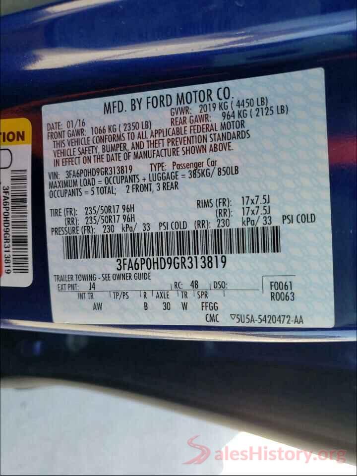 3FA6P0HD9GR313819 2016 FORD FUSION