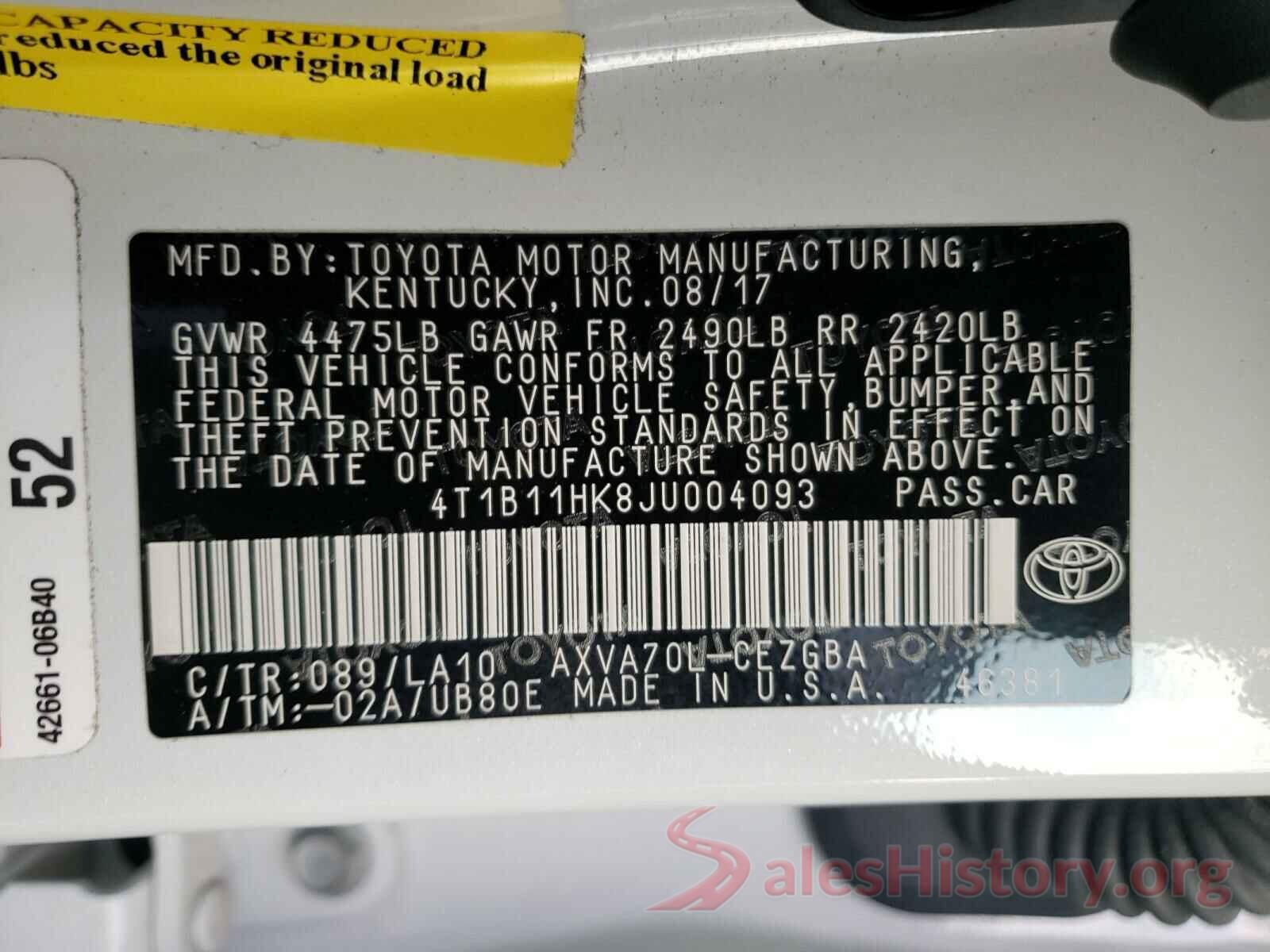 4T1B11HK8JU004093 2018 TOYOTA CAMRY