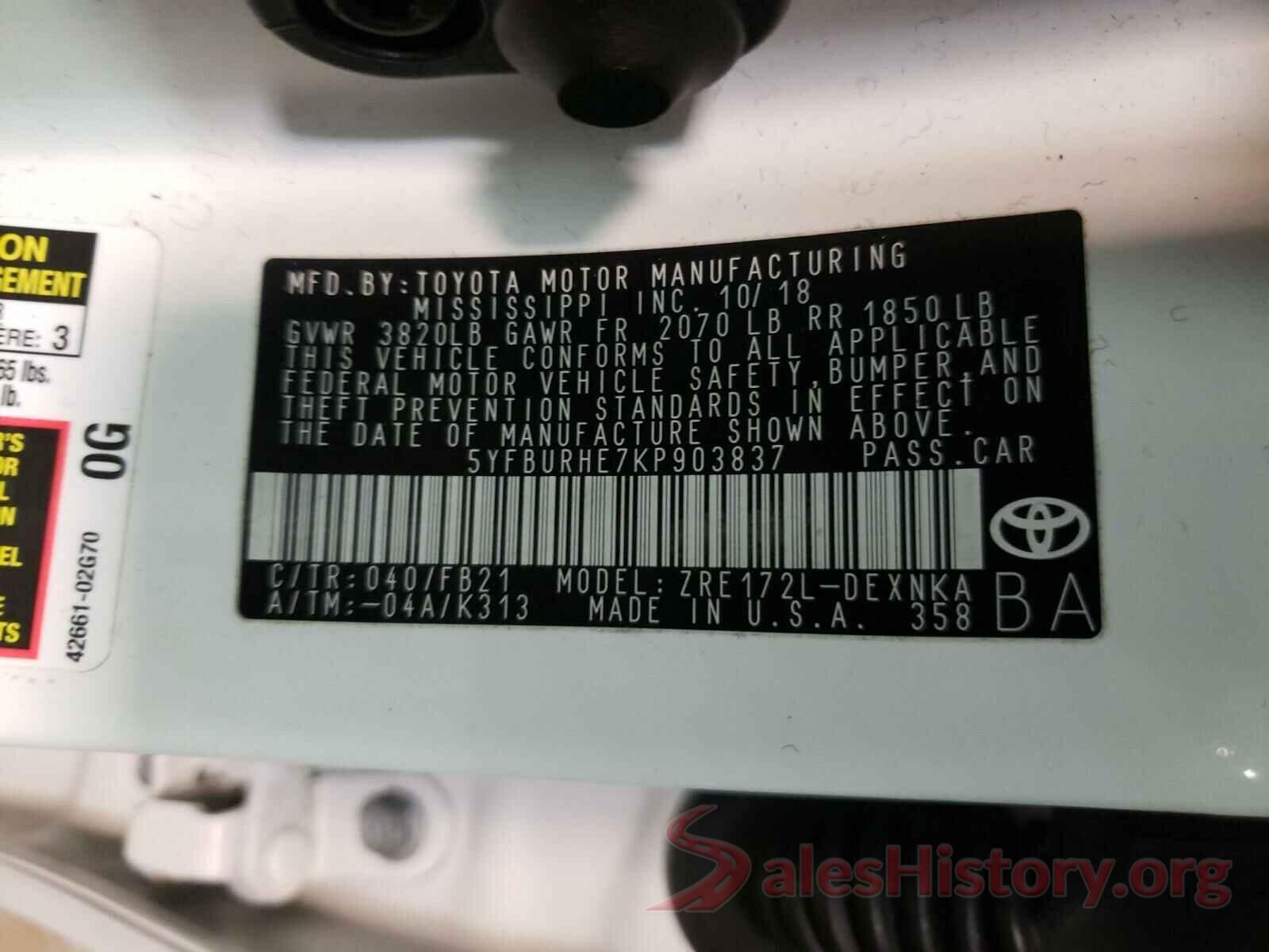 5YFBURHE7KP903837 2019 TOYOTA COROLLA