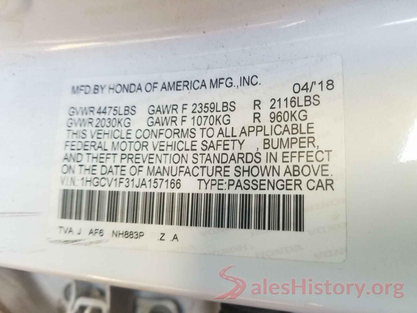 1HGCV1F31JA157166 2018 HONDA ACCORD