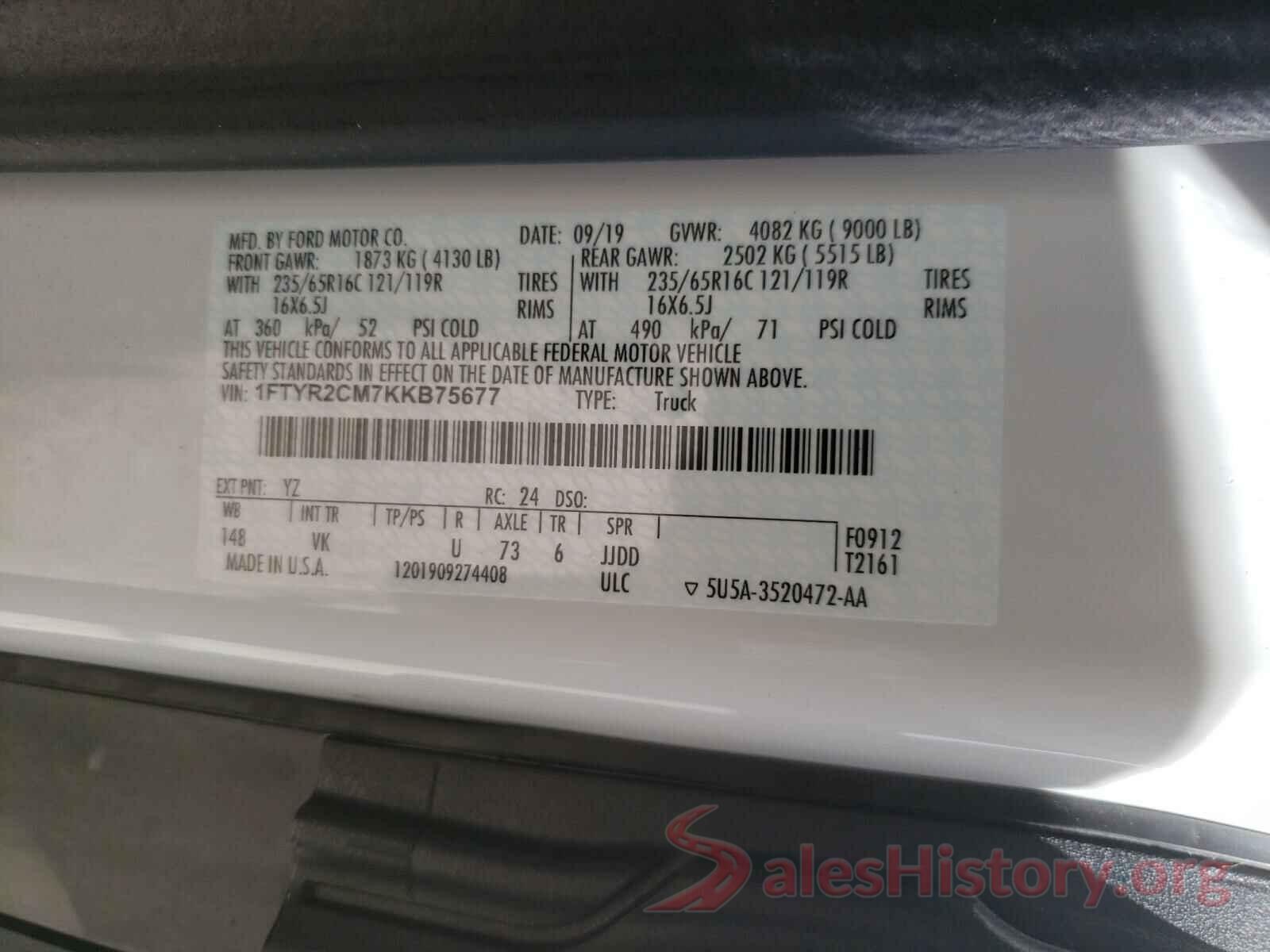 1FTYR2CM7KKB75677 2019 FORD TRANSIT CO