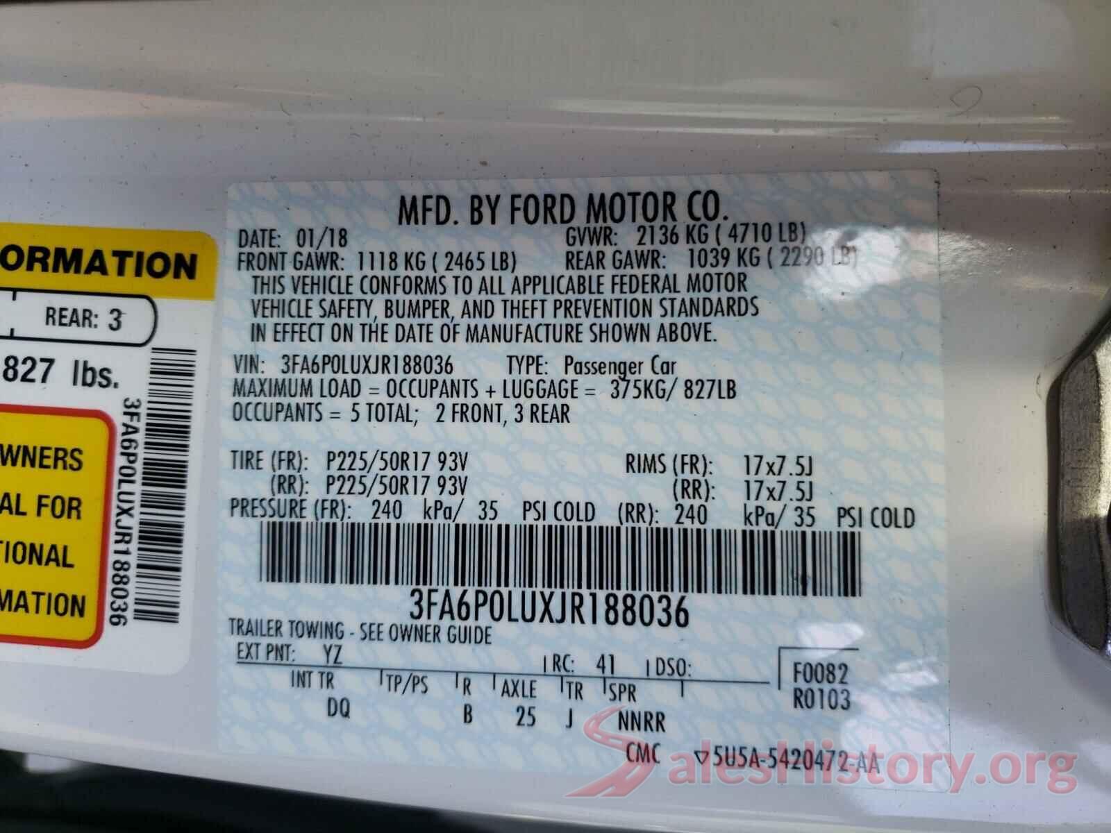 3FA6P0LUXJR188036 2018 FORD FUSION